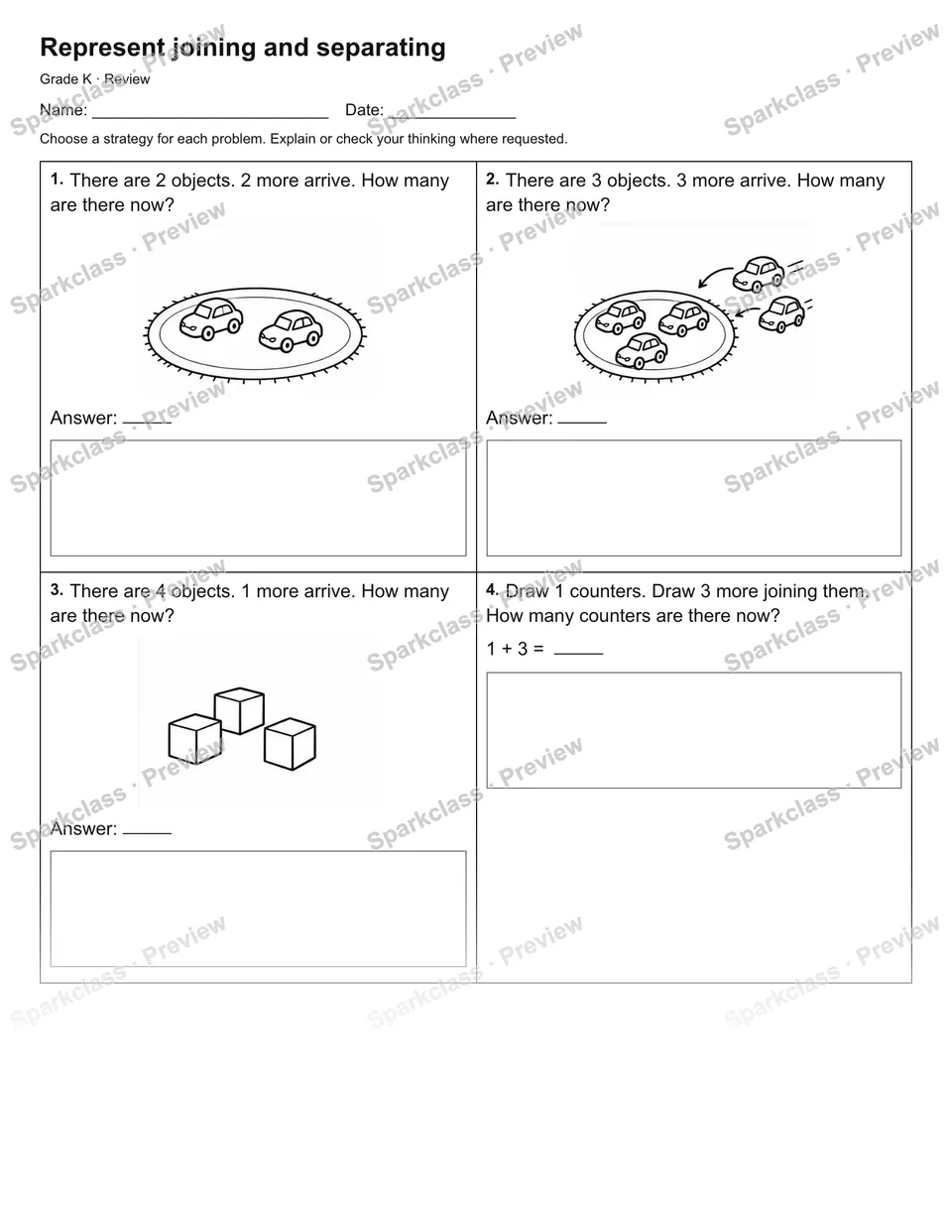 Represent joining and separating — Review — Kindergarten worksheet preview