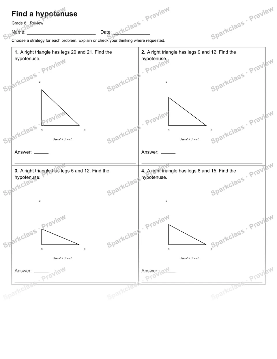 Find a hypotenuse — Review — Grade 8 worksheet preview
