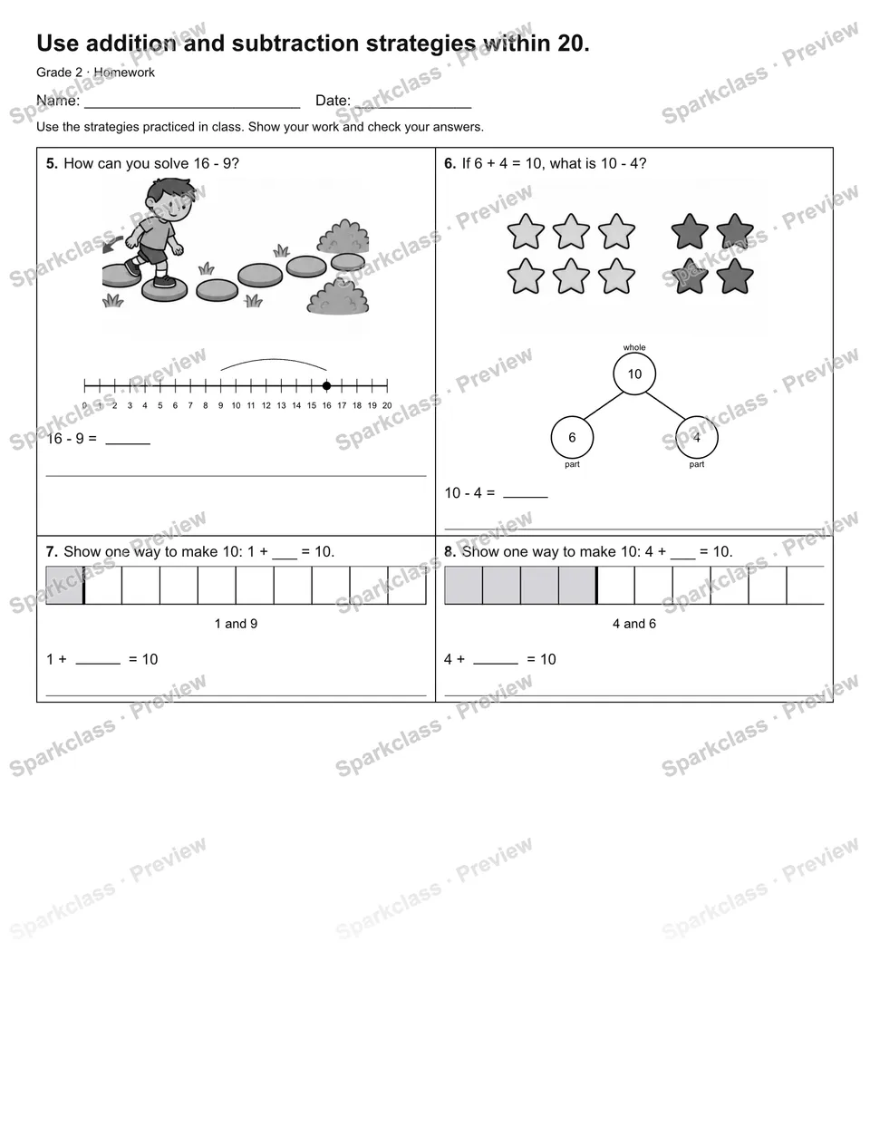 Use addition and subtraction strategies within 20. — Homework — page 2