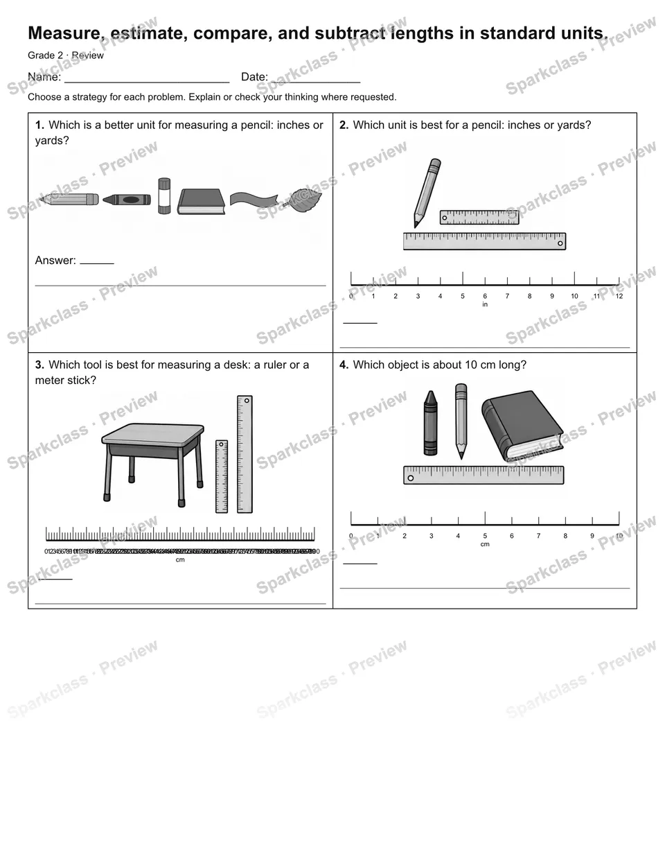 Measure, estimate, compare, and subtract lengths in standard units. — Review — Grade 2 worksheet preview