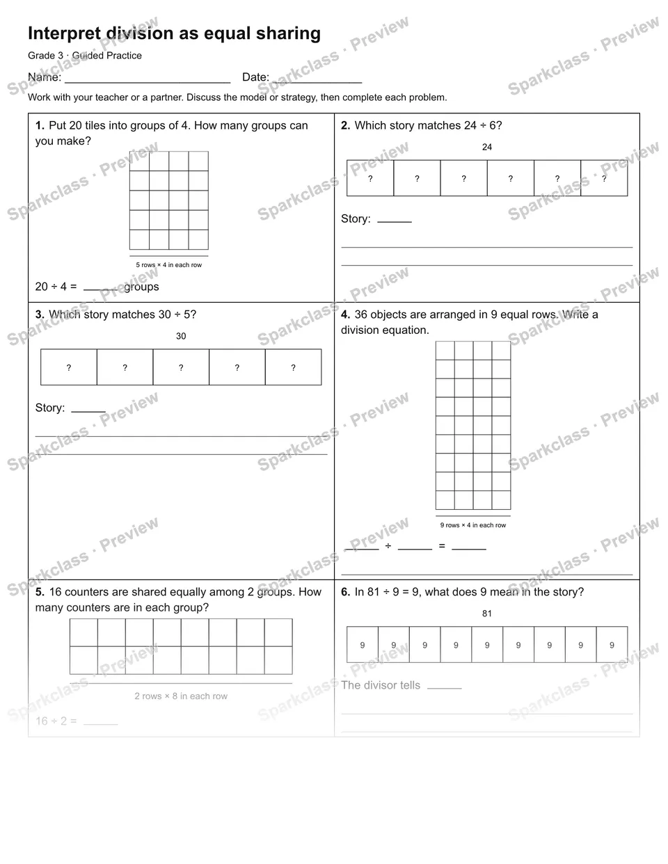 Interpret division as equal sharing — Guided Practice — Grade 3 worksheet preview