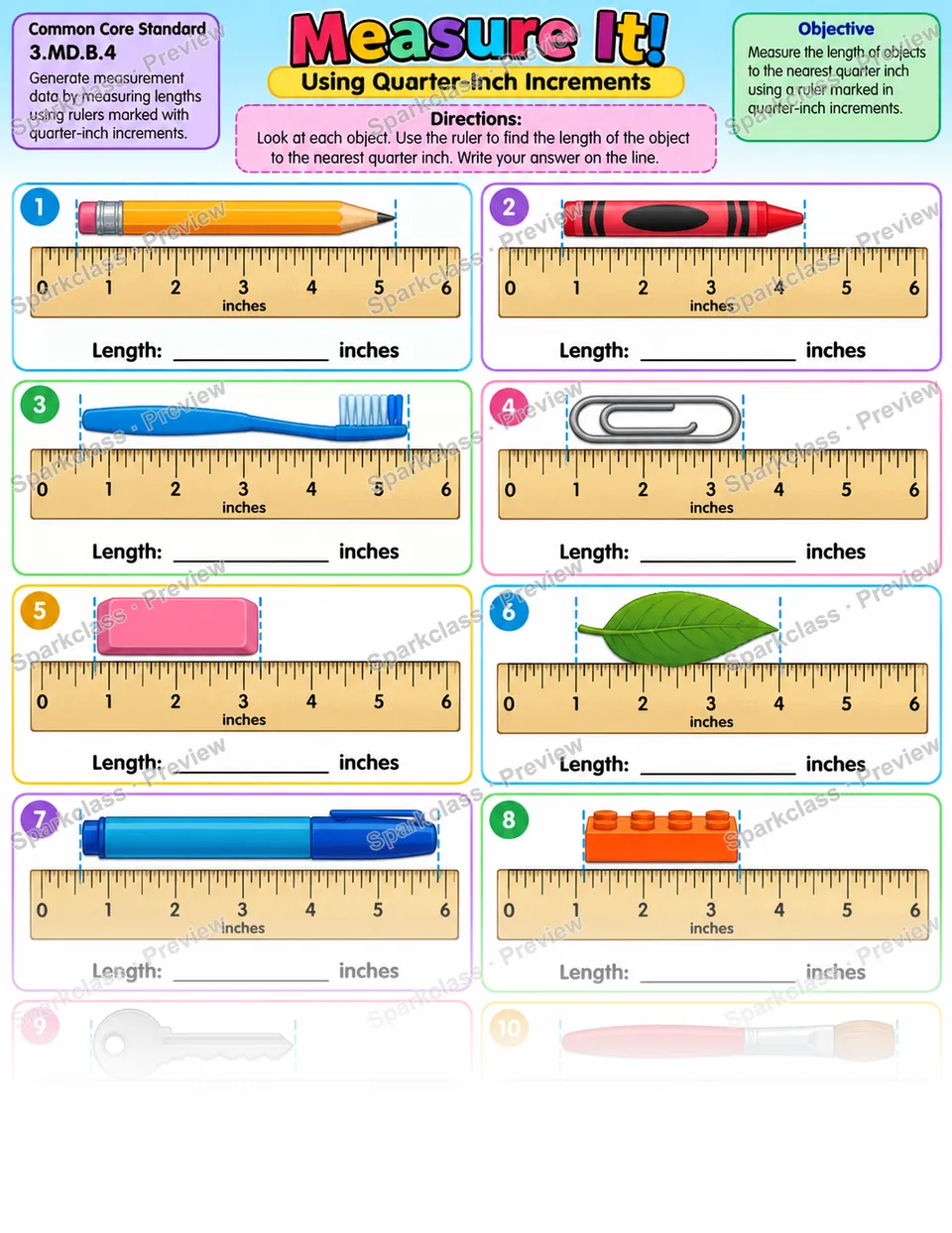 Measure Quarter Inch 01 — Grade 3 worksheet preview