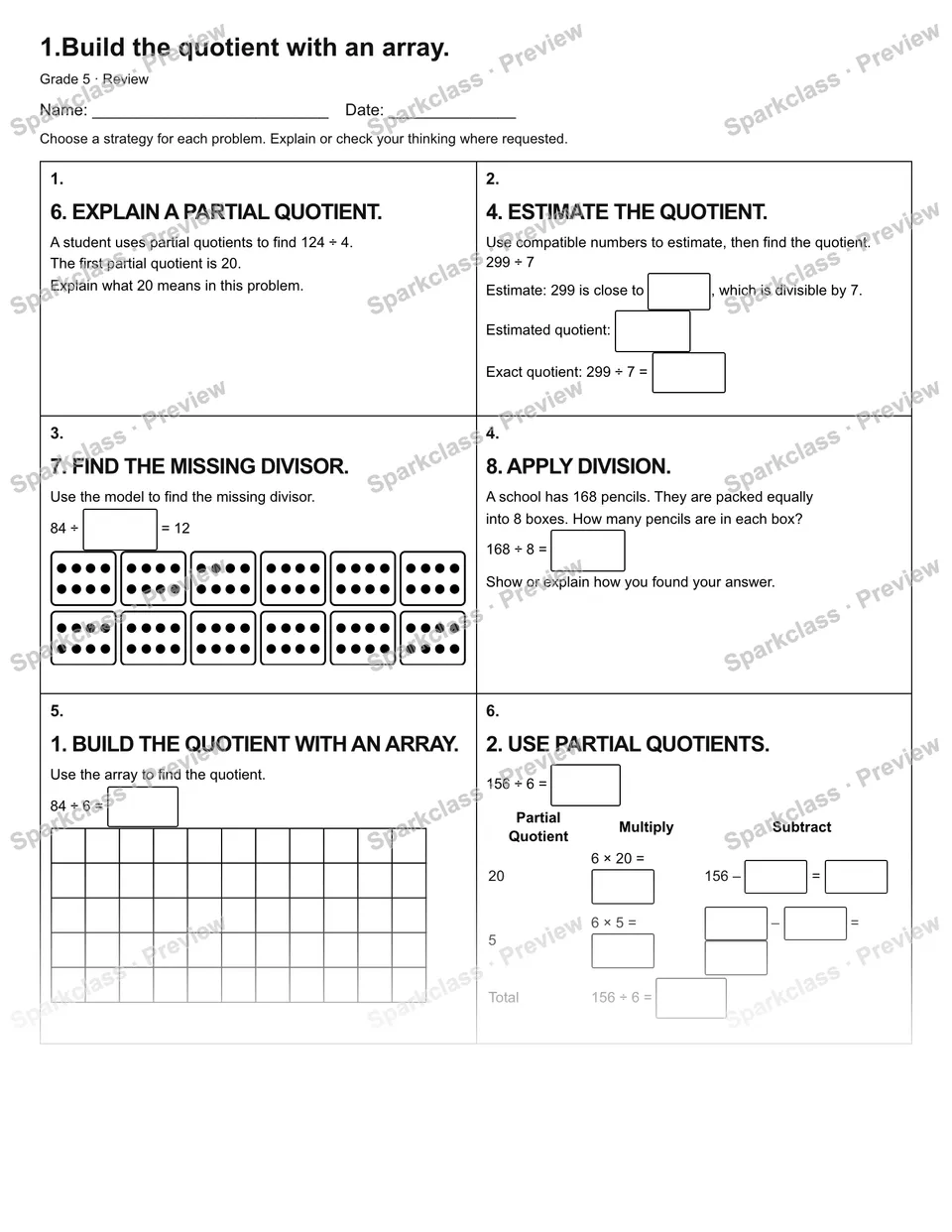 1.Build the quotient with an array. — Review — Grade 5 worksheet preview