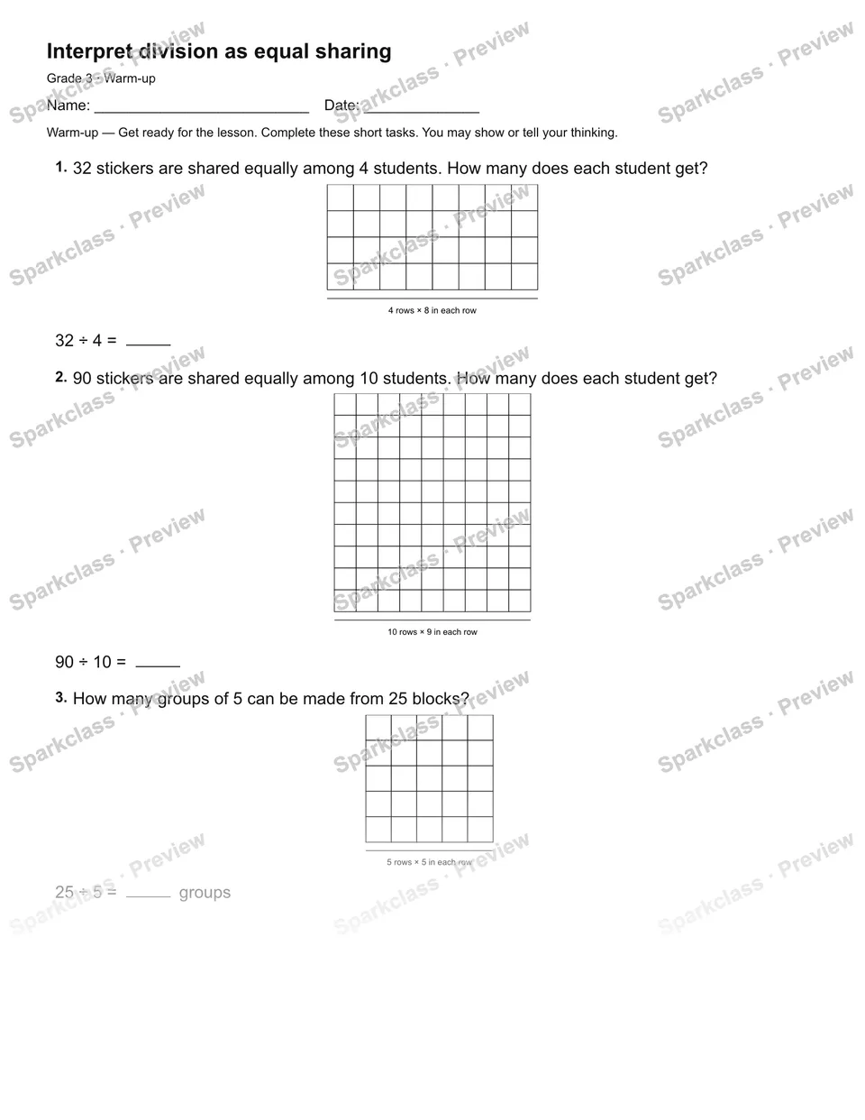 Interpret division as equal sharing — Warm-up — Grade 3 worksheet preview