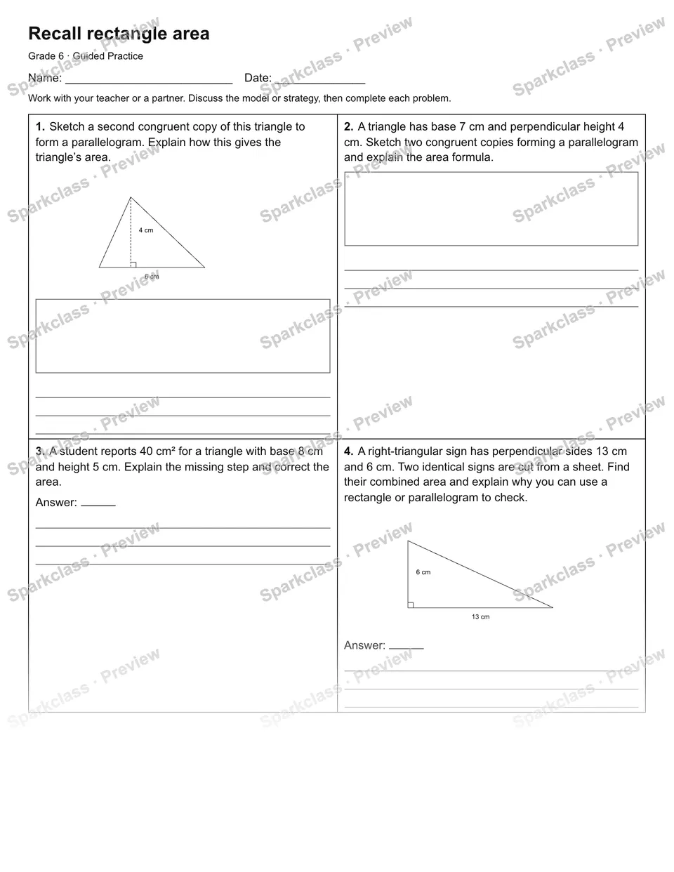 Recall rectangle area — Guided Practice — Grade 6 worksheet preview