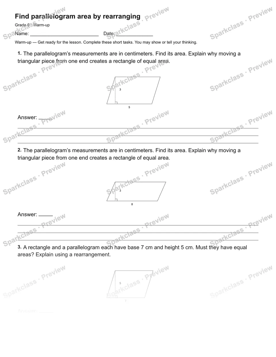 Find parallelogram area by rearranging — Warm-up — Grade 6 worksheet preview