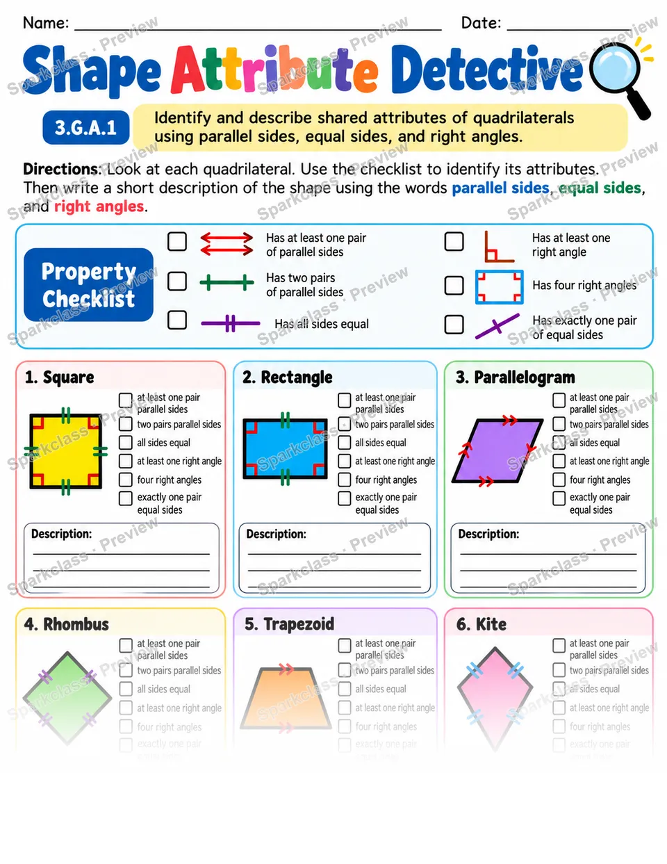Shape Attribute Detective — Grade 3 worksheet preview