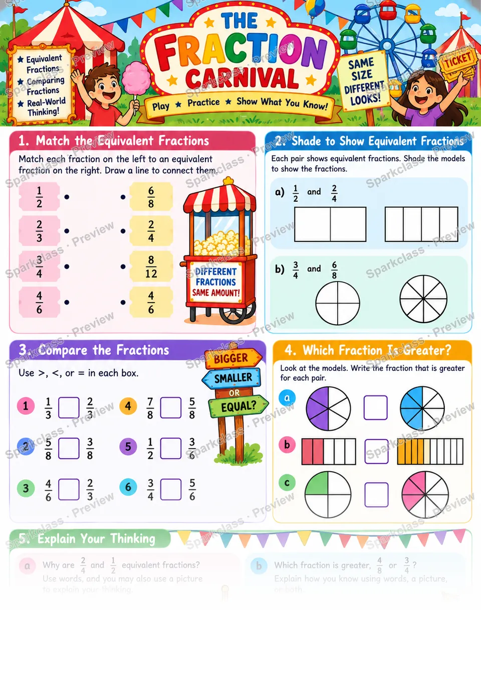 Fraction Carnival Review — Grade 4 worksheet preview