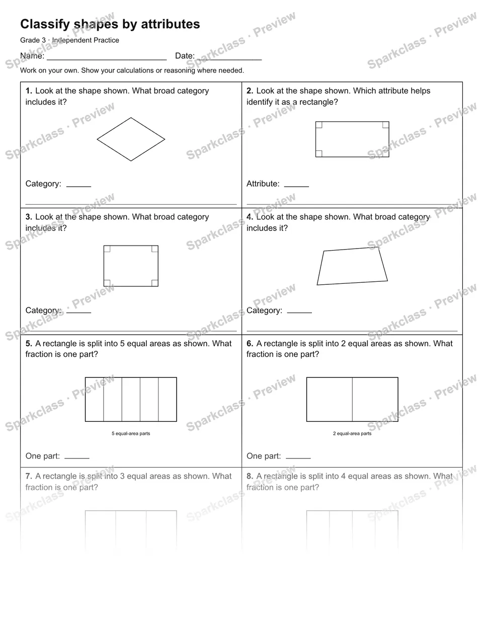 Classify shapes by attributes — Independent Practice — Grade 3 worksheet preview