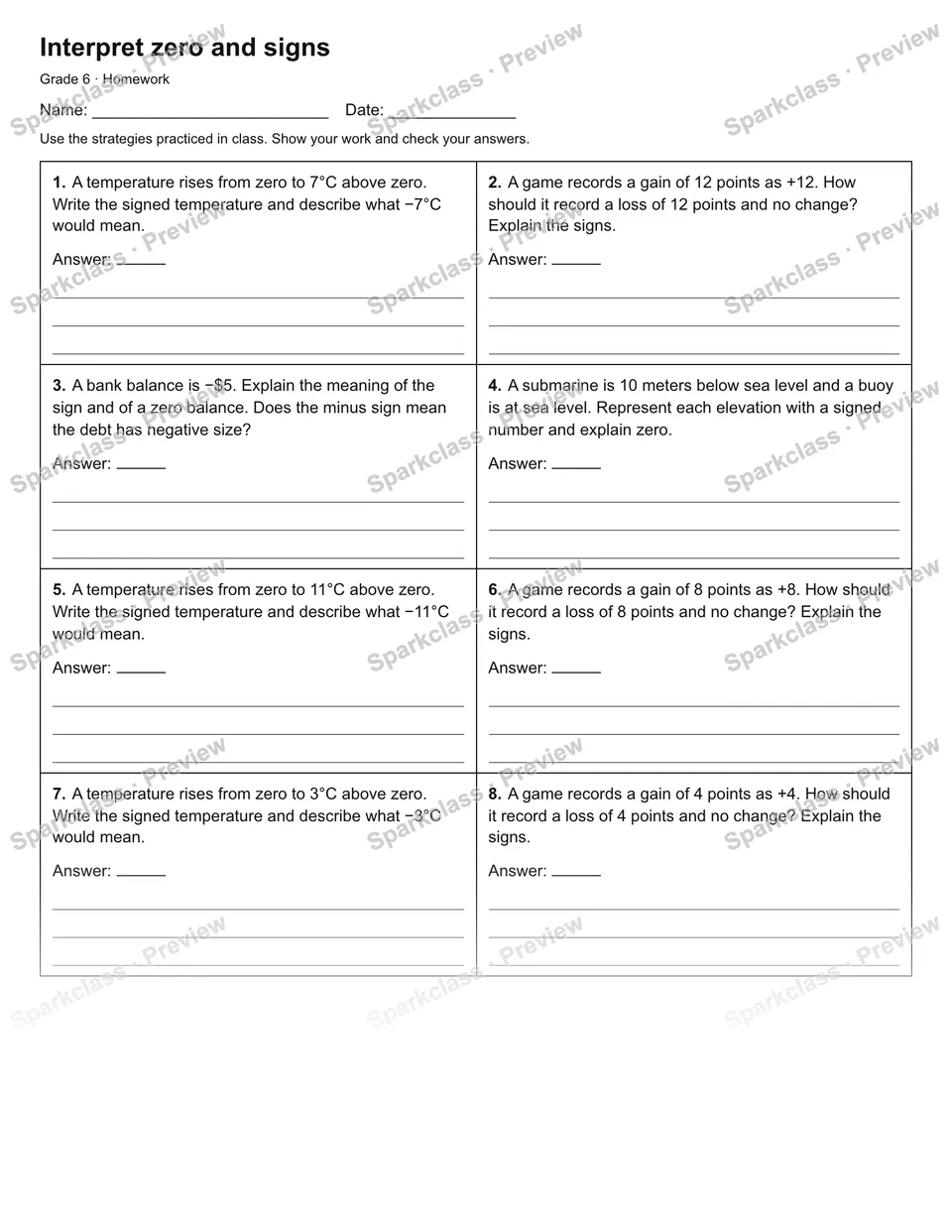 Interpret zero and signs — Homework — Grade 6 worksheet preview