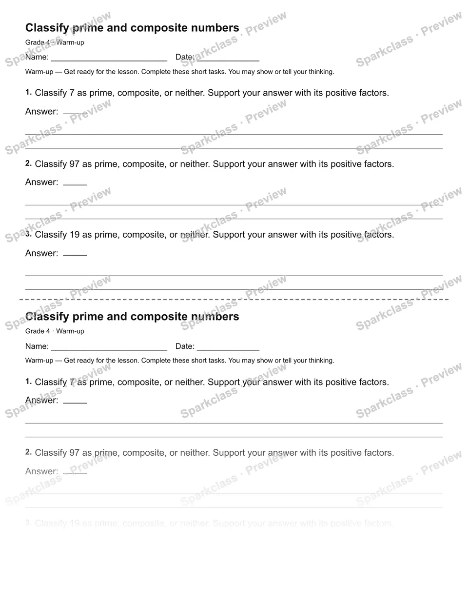 Classify prime and composite numbers — Warm-up — Grade 4 worksheet preview