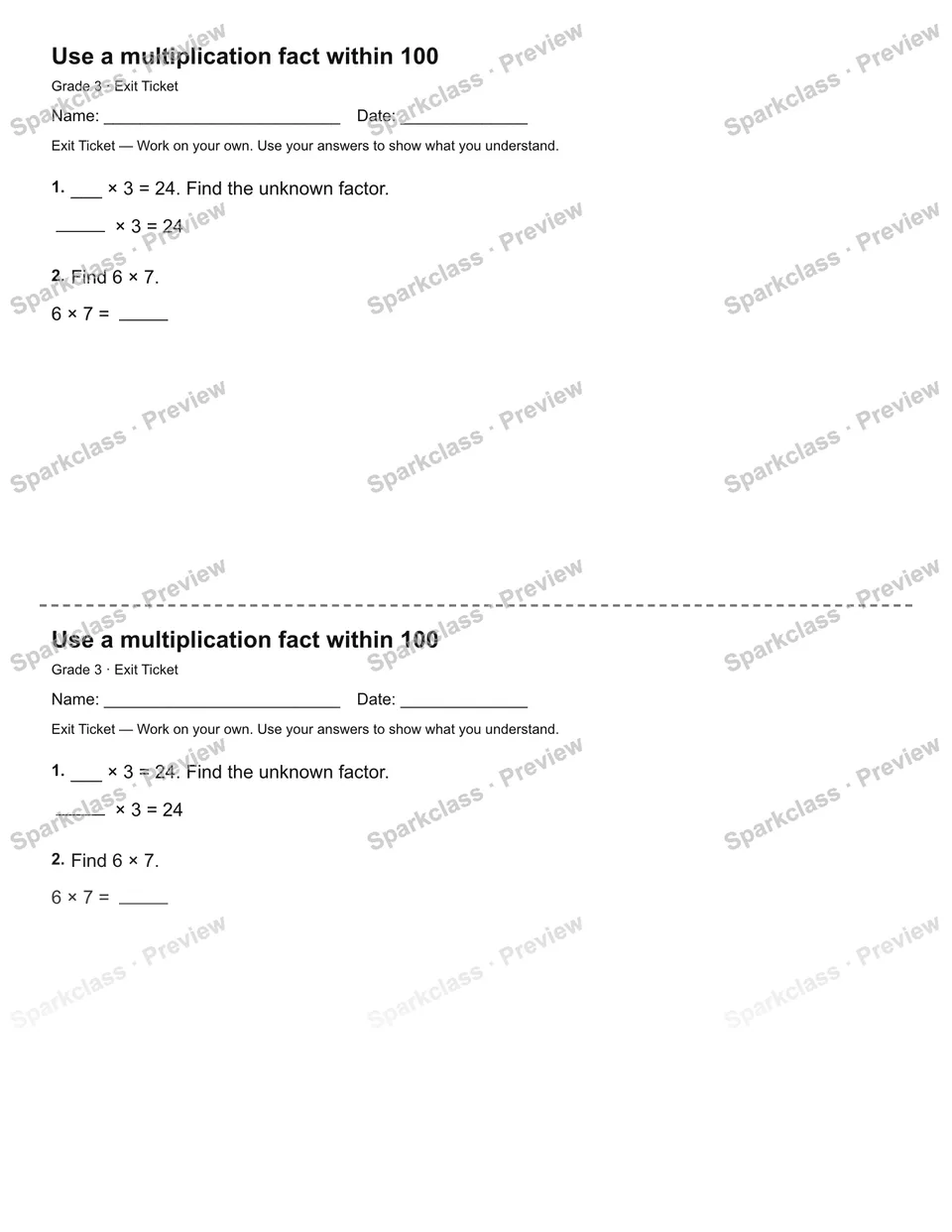 Use a multiplication fact within 100 — Exit Ticket — Grade 3 worksheet preview