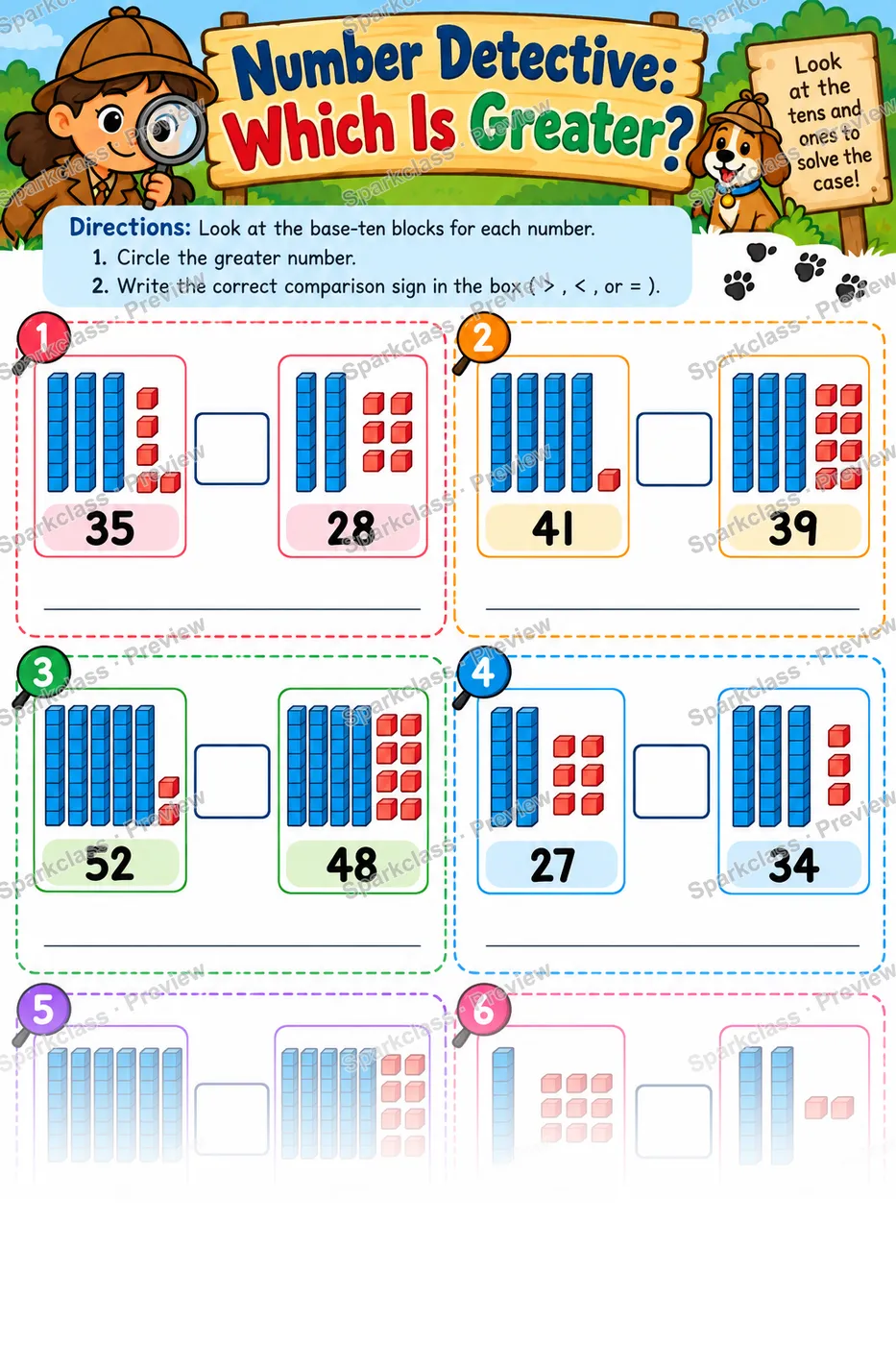 Number Detective Greater — Grade 1 worksheet preview