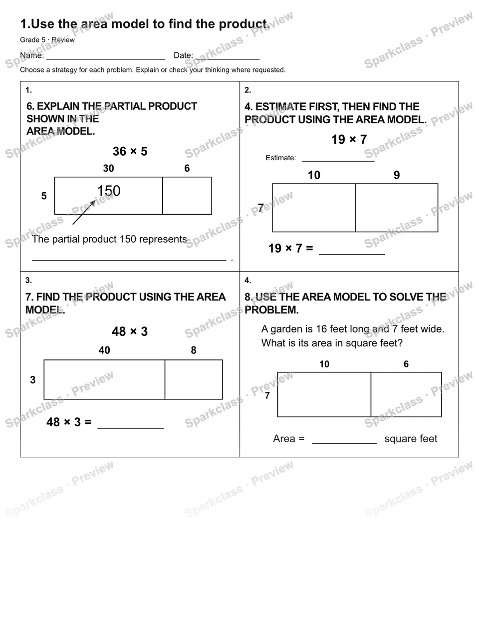 1.Use the area model to find the product. — Review — Grade 5 worksheet preview