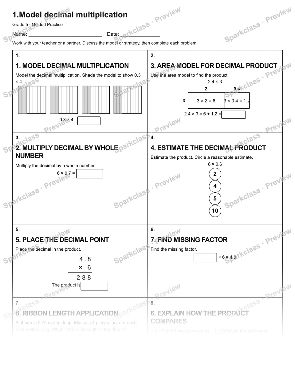 1.Model decimal multiplication — Guided Practice — Grade 5 worksheet preview
