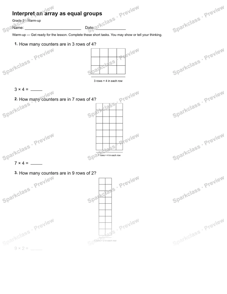 Interpret an array as equal groups — Warm-up — Grade 3 worksheet preview