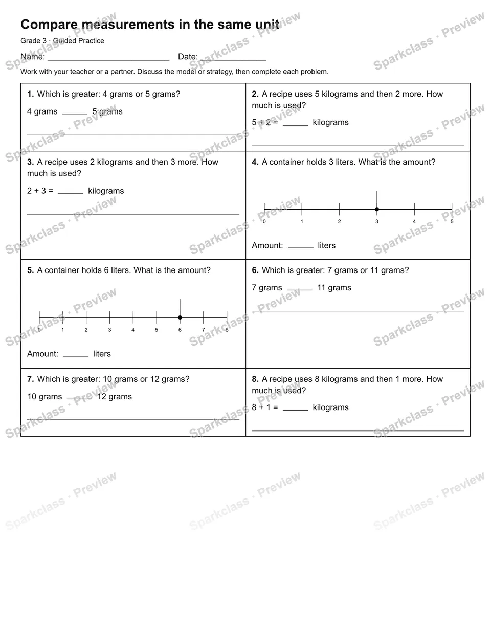 Compare measurements in the same unit — Guided Practice — Grade 3 worksheet preview