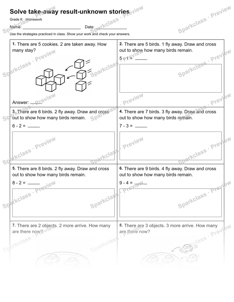 Solve take-away result-unknown stories — Homework — Kindergarten worksheet preview