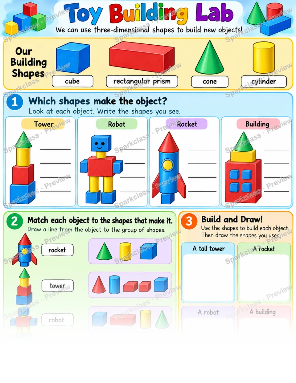 Toy Building 3d — Grade 1 worksheet preview