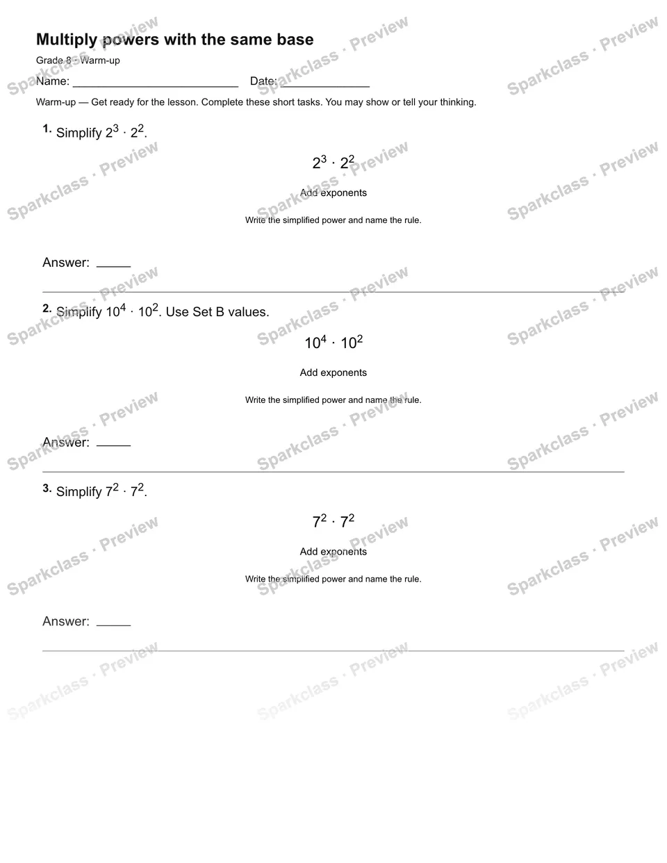 Multiply powers with the same base — Warm-up — page 2