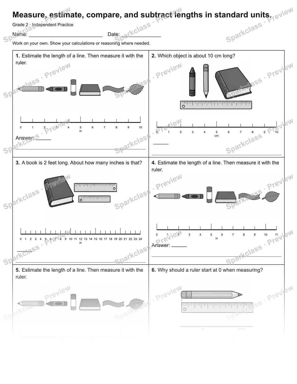 Measure, estimate, compare, and subtract lengths in standard units. — Independent Practice — Grade 2 worksheet preview