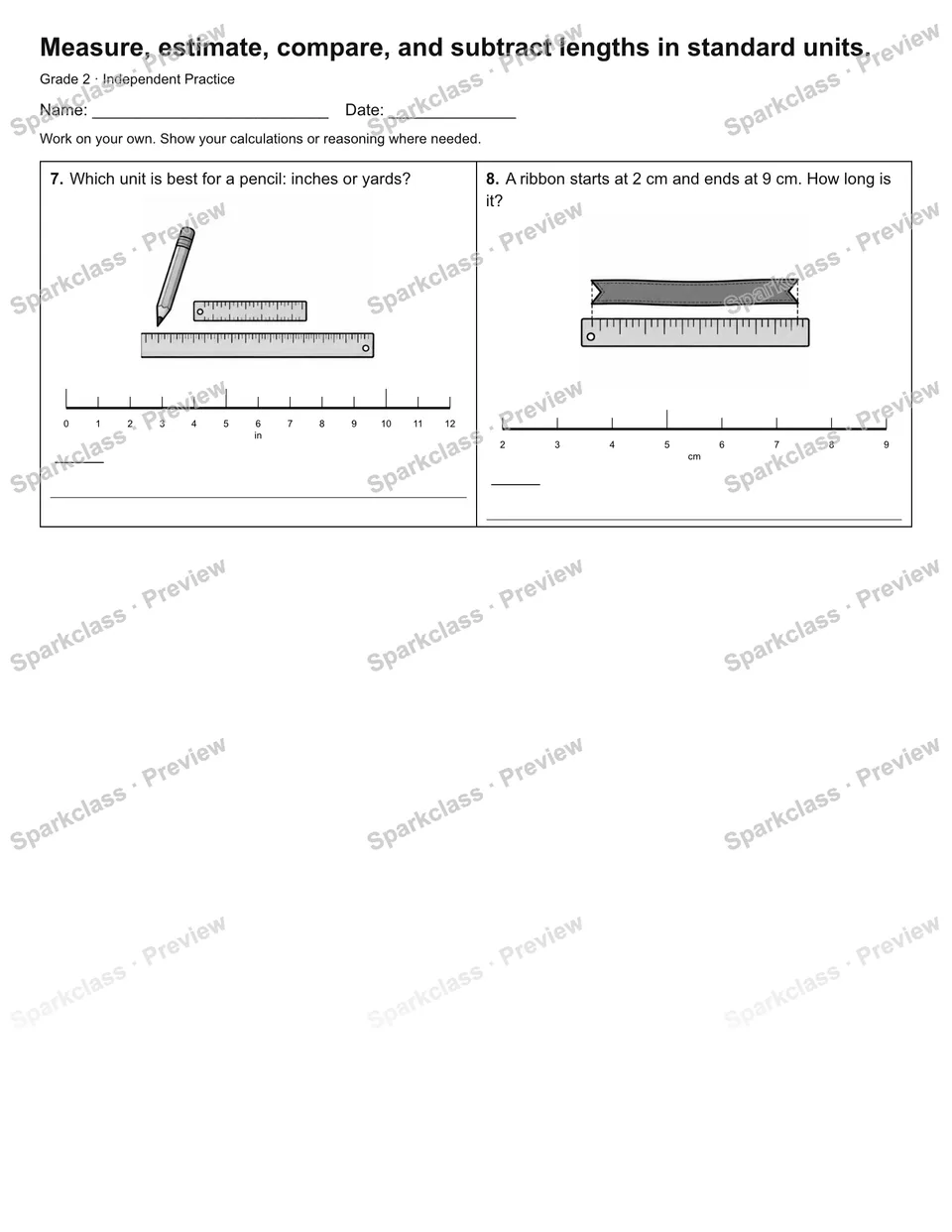 Measure, estimate, compare, and subtract lengths in standard units. — Independent Practice — page 2