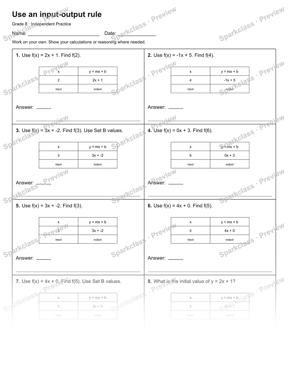 Use an input-output rule — Independent Practice — Grade 8 worksheet preview