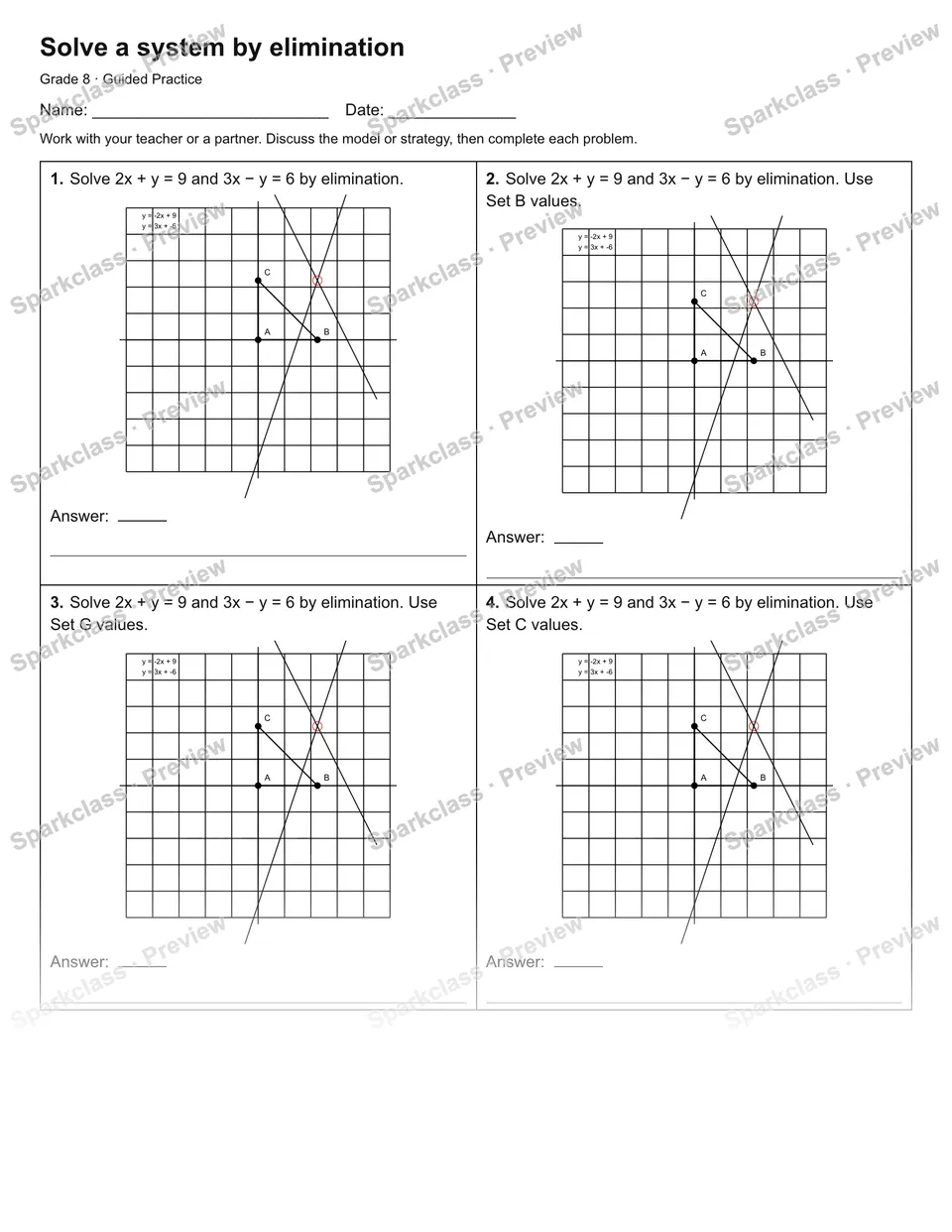 Solve a system by elimination — Guided Practice — Grade 8 worksheet preview