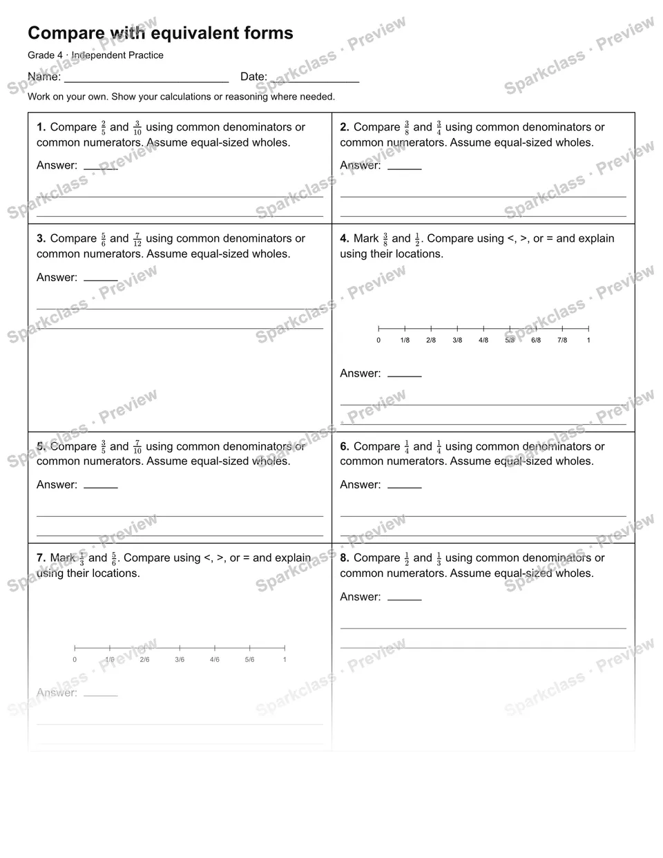Compare with equivalent forms — Independent Practice — Grade 4 worksheet preview