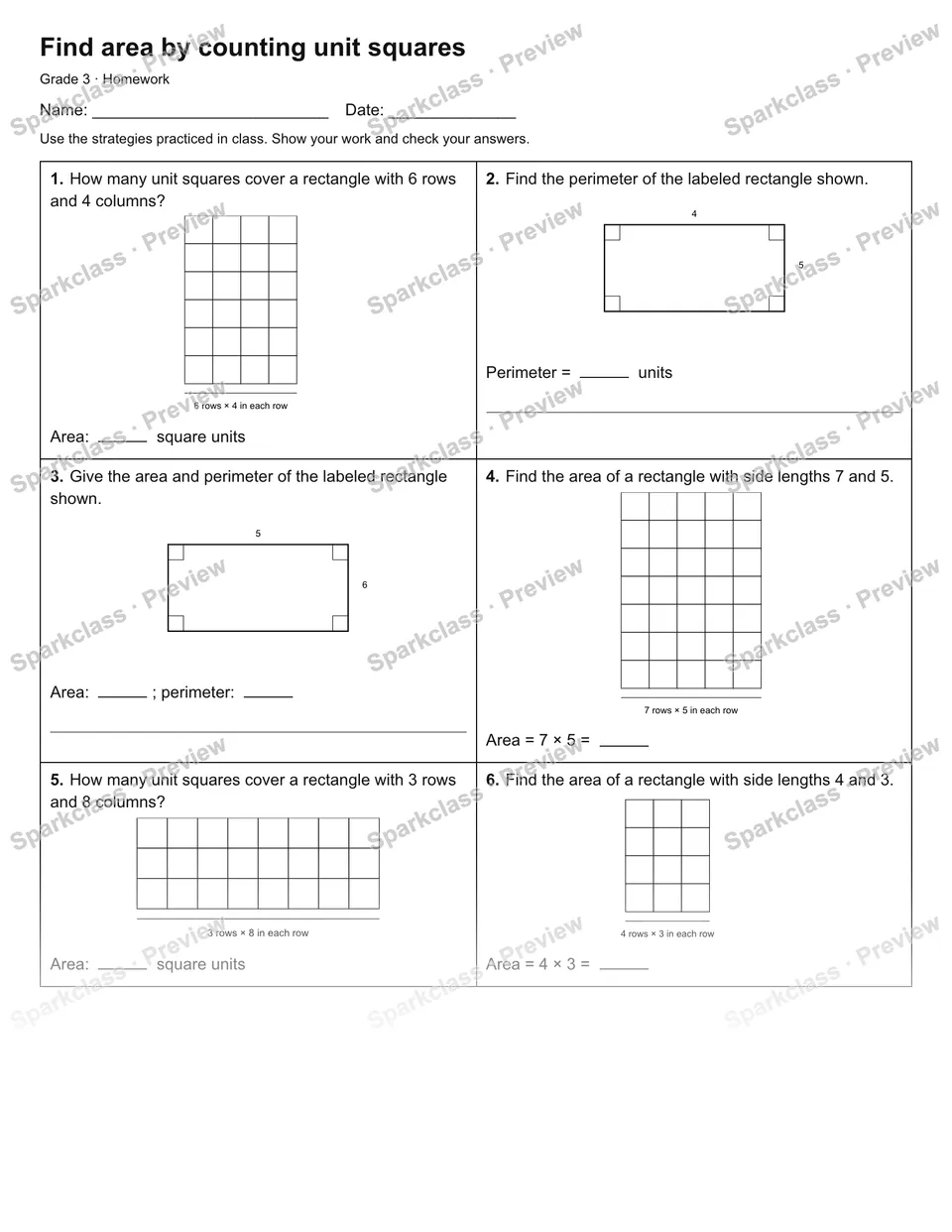 Find area by counting unit squares — Homework — Grade 3 worksheet preview