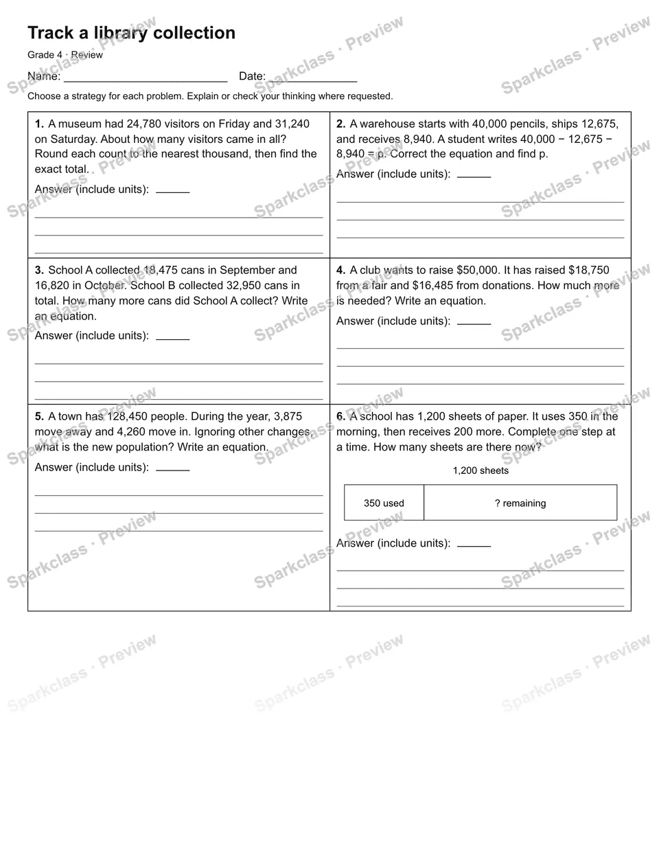 Track a library collection — Review — Grade 4 worksheet preview