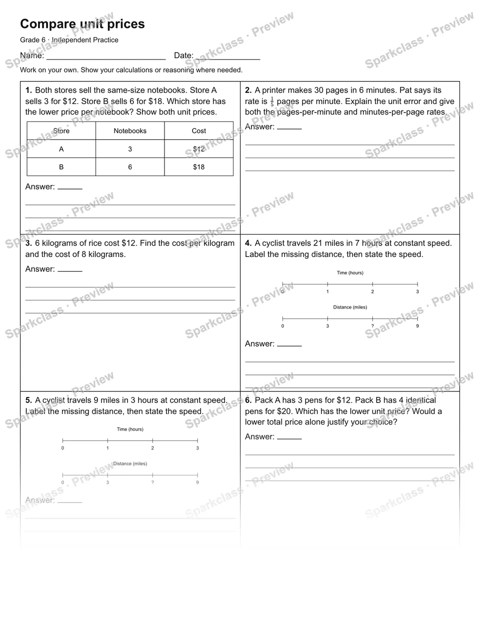 Compare unit prices — Independent Practice — Grade 6 worksheet preview