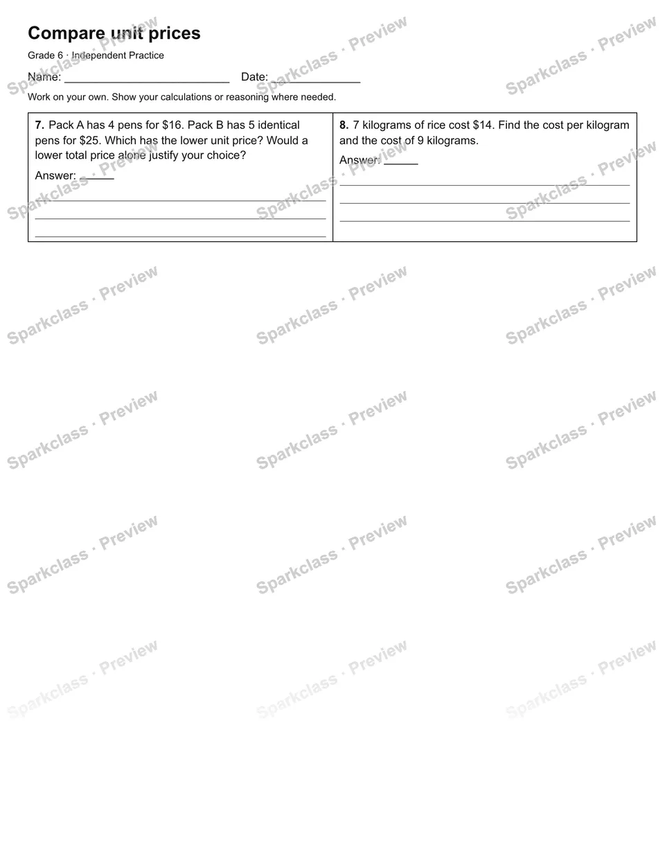 Compare unit prices — Independent Practice — page 2