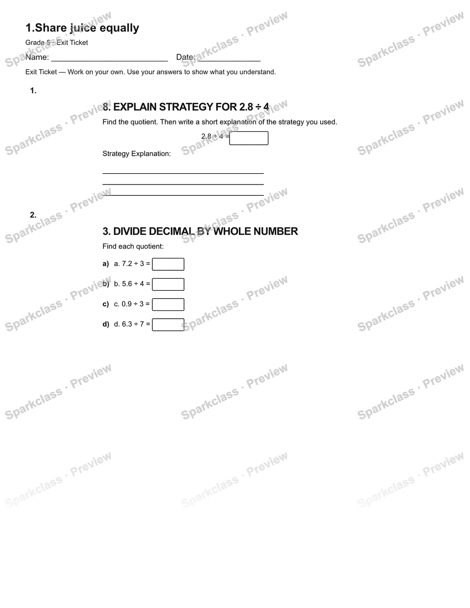 1.Share juice equally — Exit Ticket — page 2