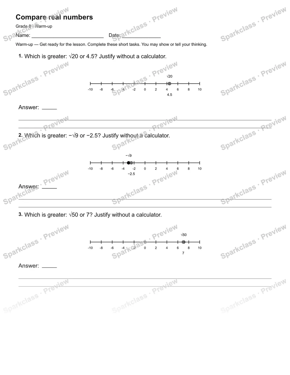 Compare real numbers — Warm-up — page 2