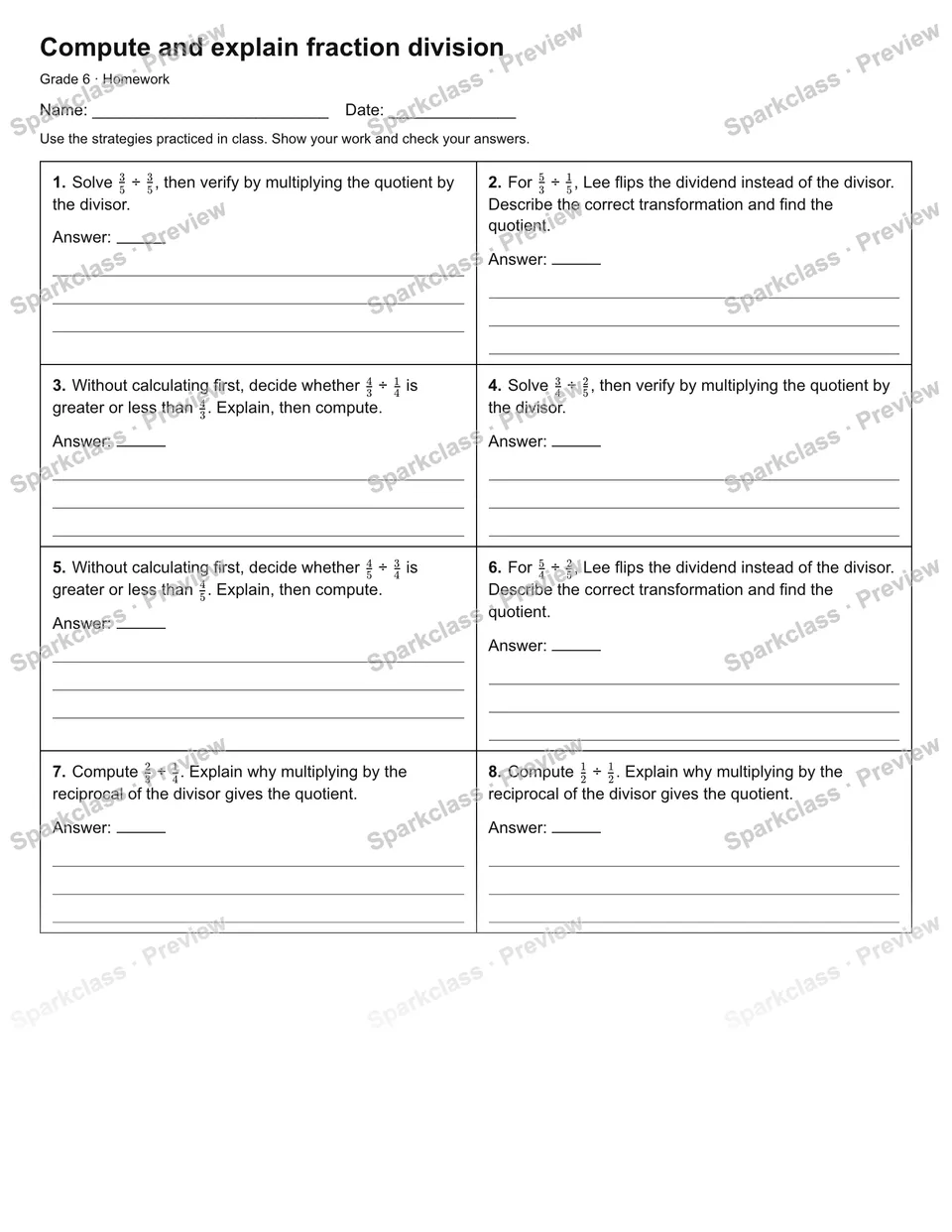 Compute and explain fraction division — Homework — Grade 6 worksheet preview