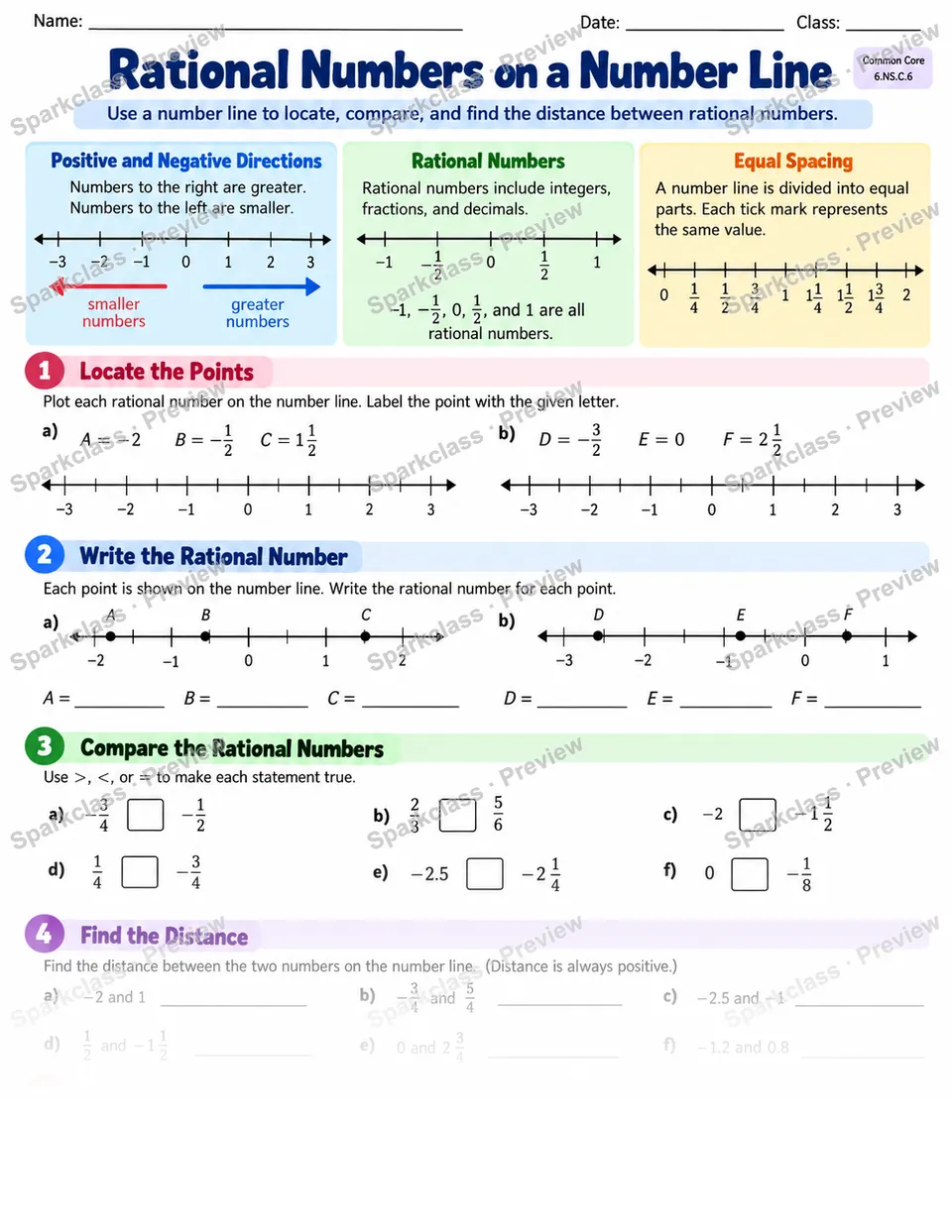 Number Line — Grade 6 worksheet preview
