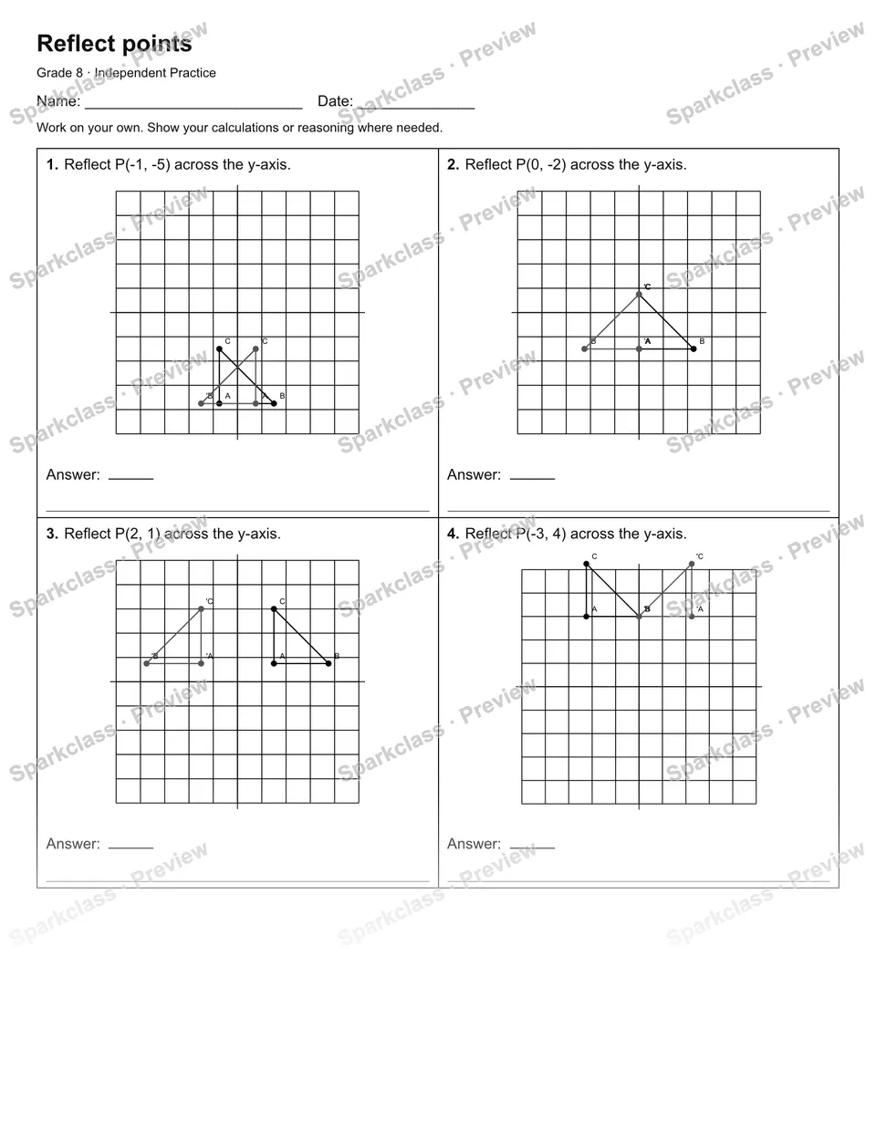 Reflect points — Independent Practice — Grade 8 worksheet preview
