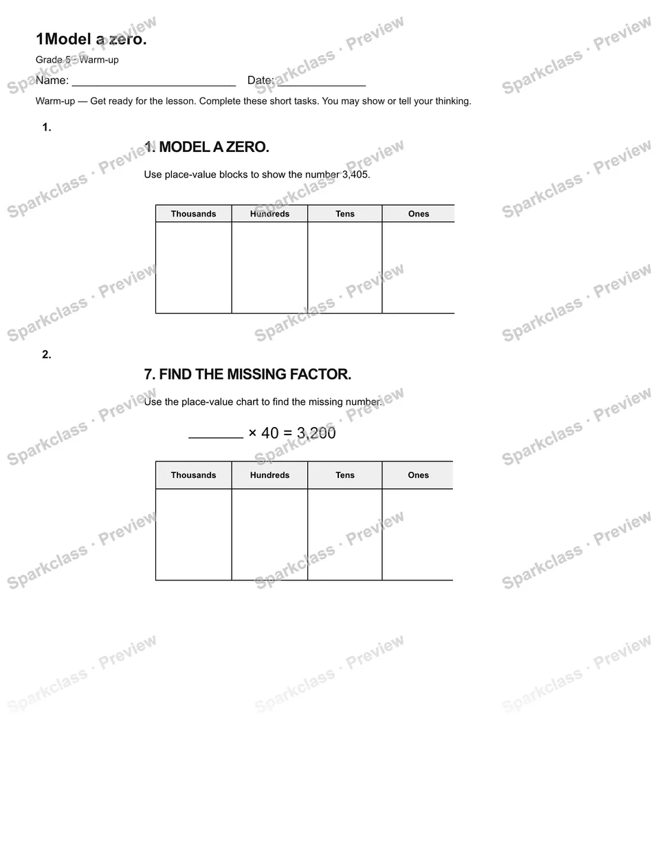 1Model a zero. — Warm-up — Grade 5 worksheet preview