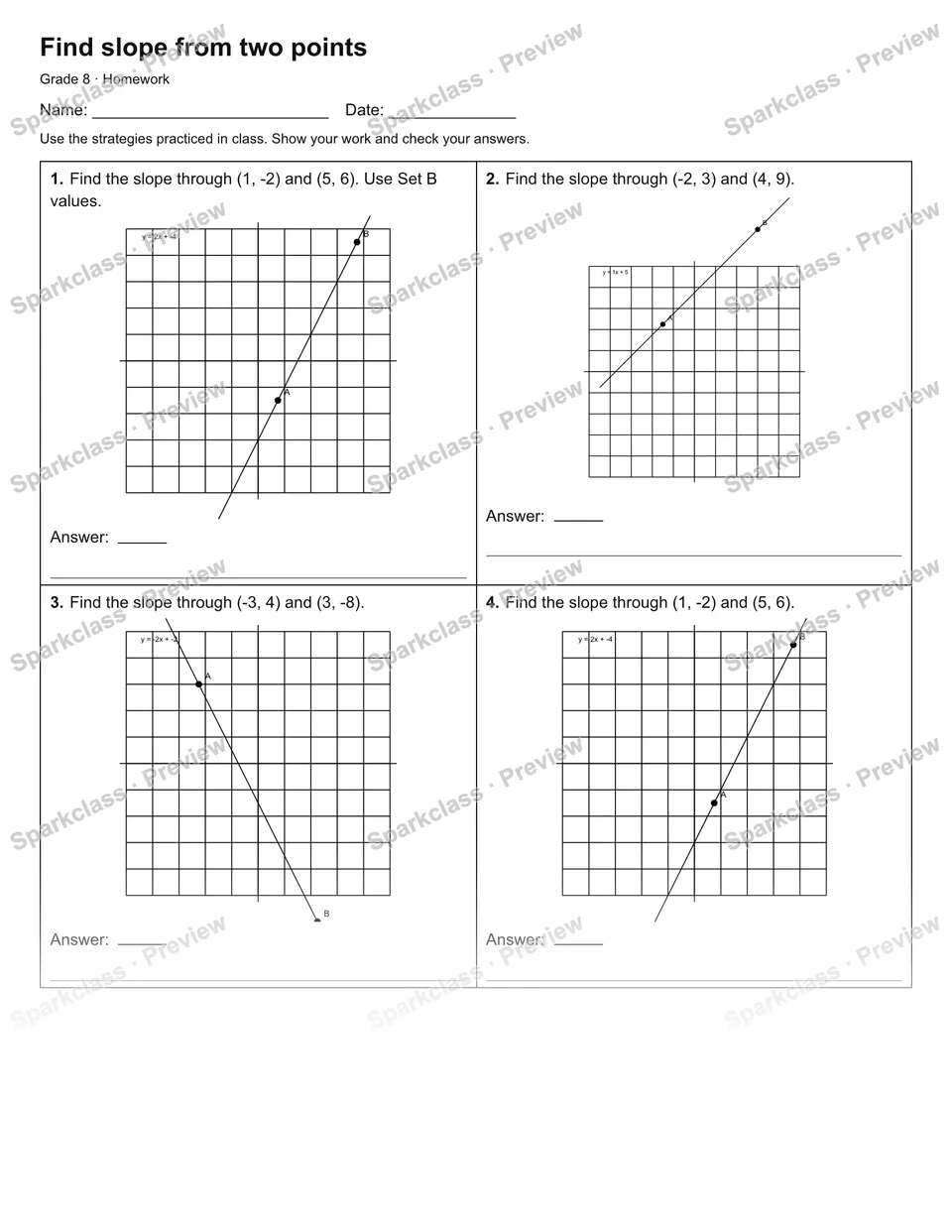 Find slope from two points — Homework — Grade 8 worksheet preview