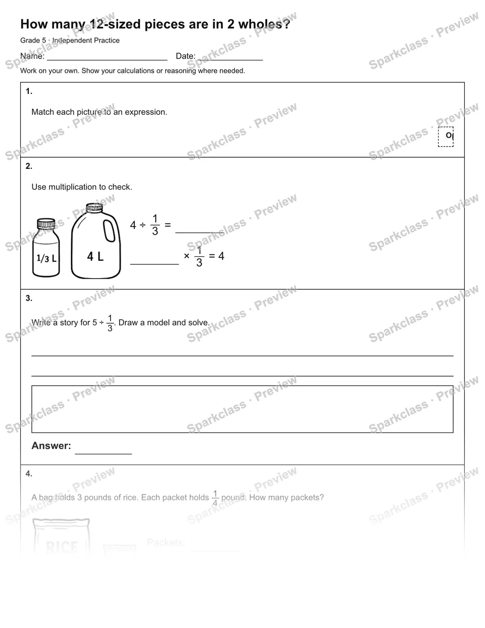 How many 12-sized pieces are in 2 wholes? — Independent Practice — Grade 5 worksheet preview