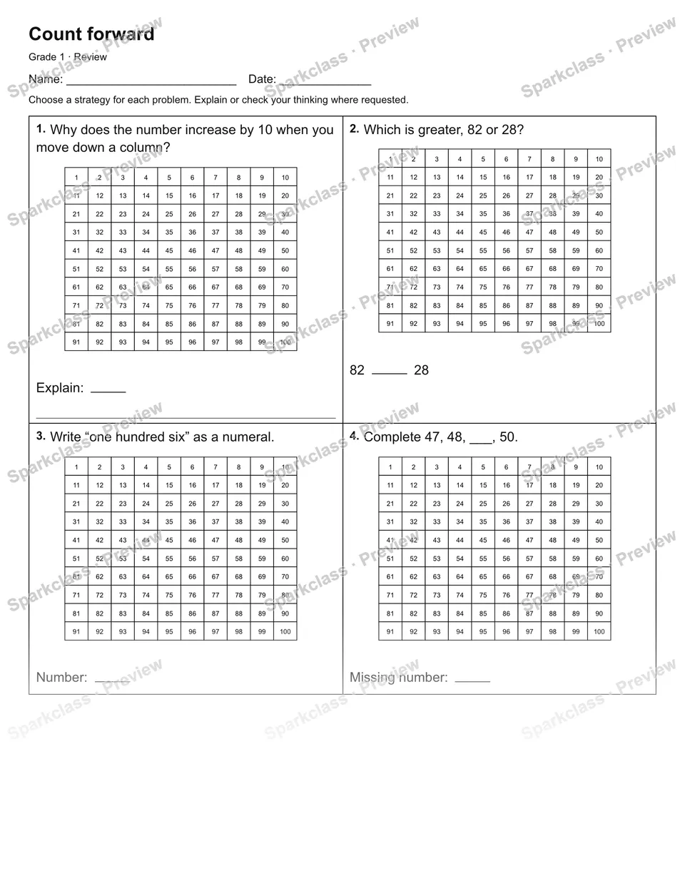 Count forward — Review — Grade 1 worksheet preview