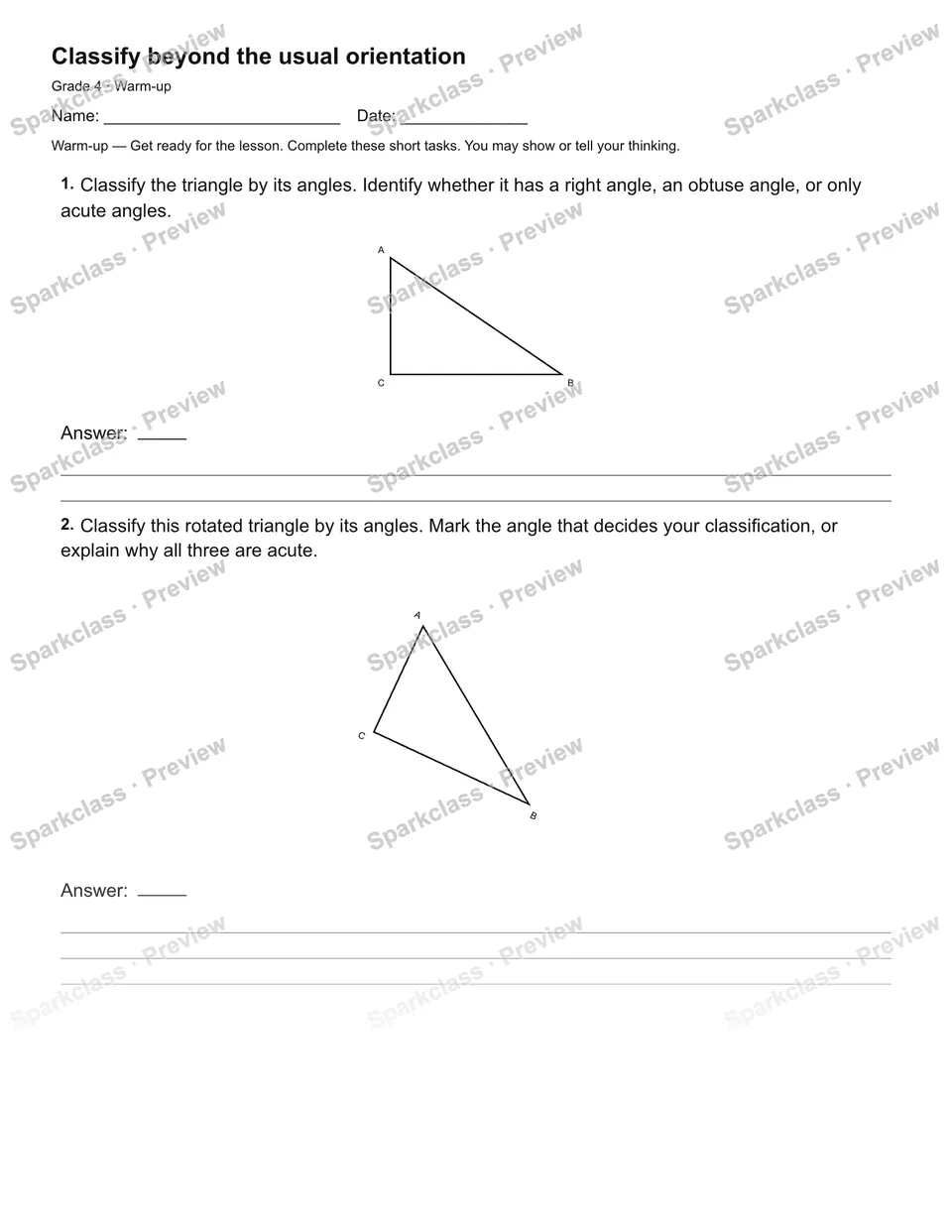 Classify beyond the usual orientation — Warm-up — Grade 4 worksheet preview