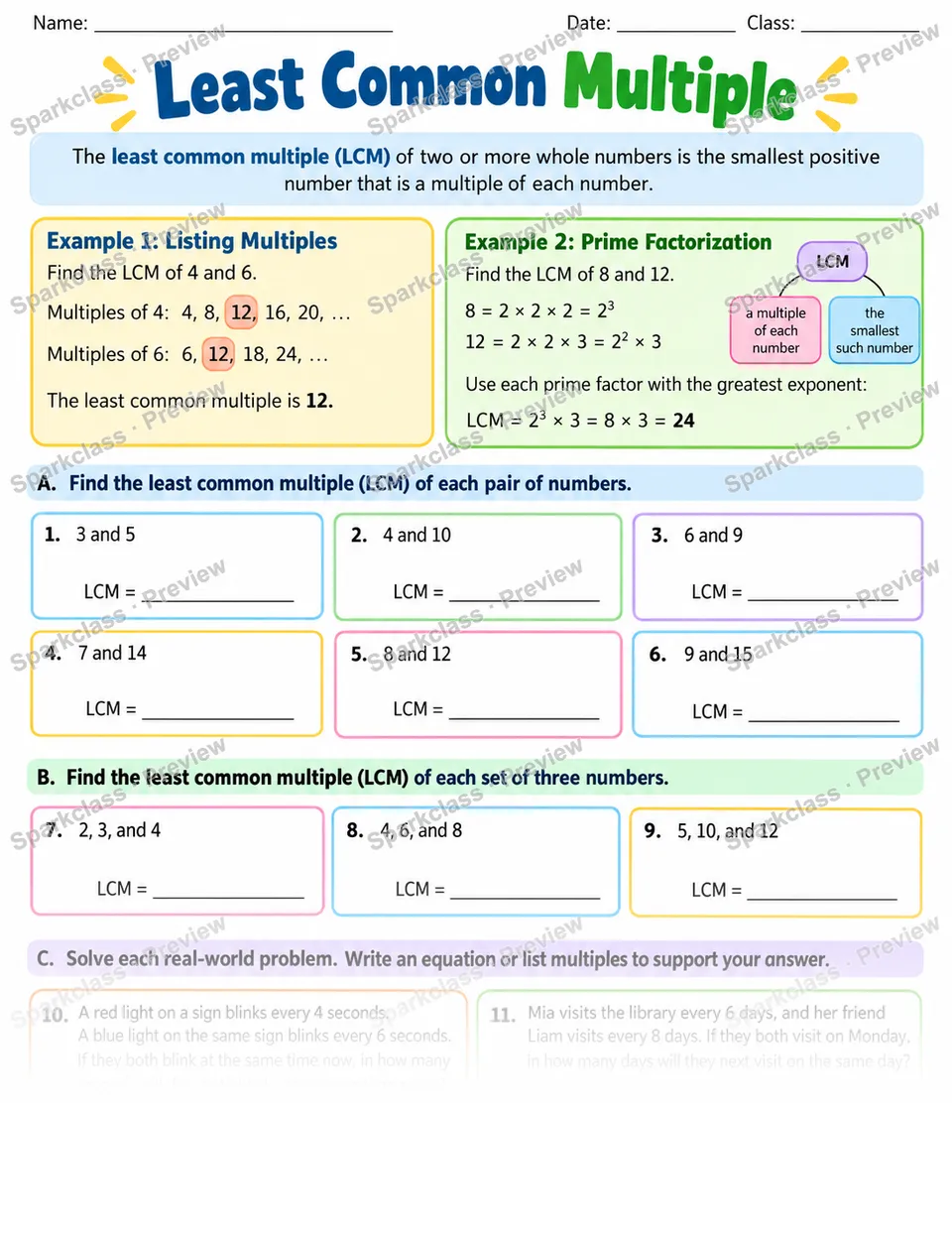 Lcm — Grade 6 worksheet preview