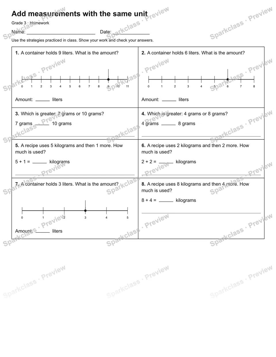 Add measurements with the same unit — Homework — Grade 3 worksheet preview