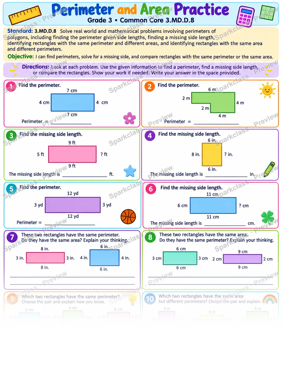 Perimeter Area Mixed 01 — Grade 3 worksheet preview