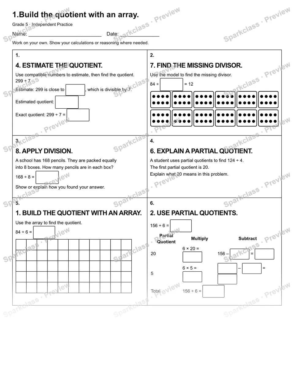 1.Build the quotient with an array. — Independent Practice — Grade 5 worksheet preview