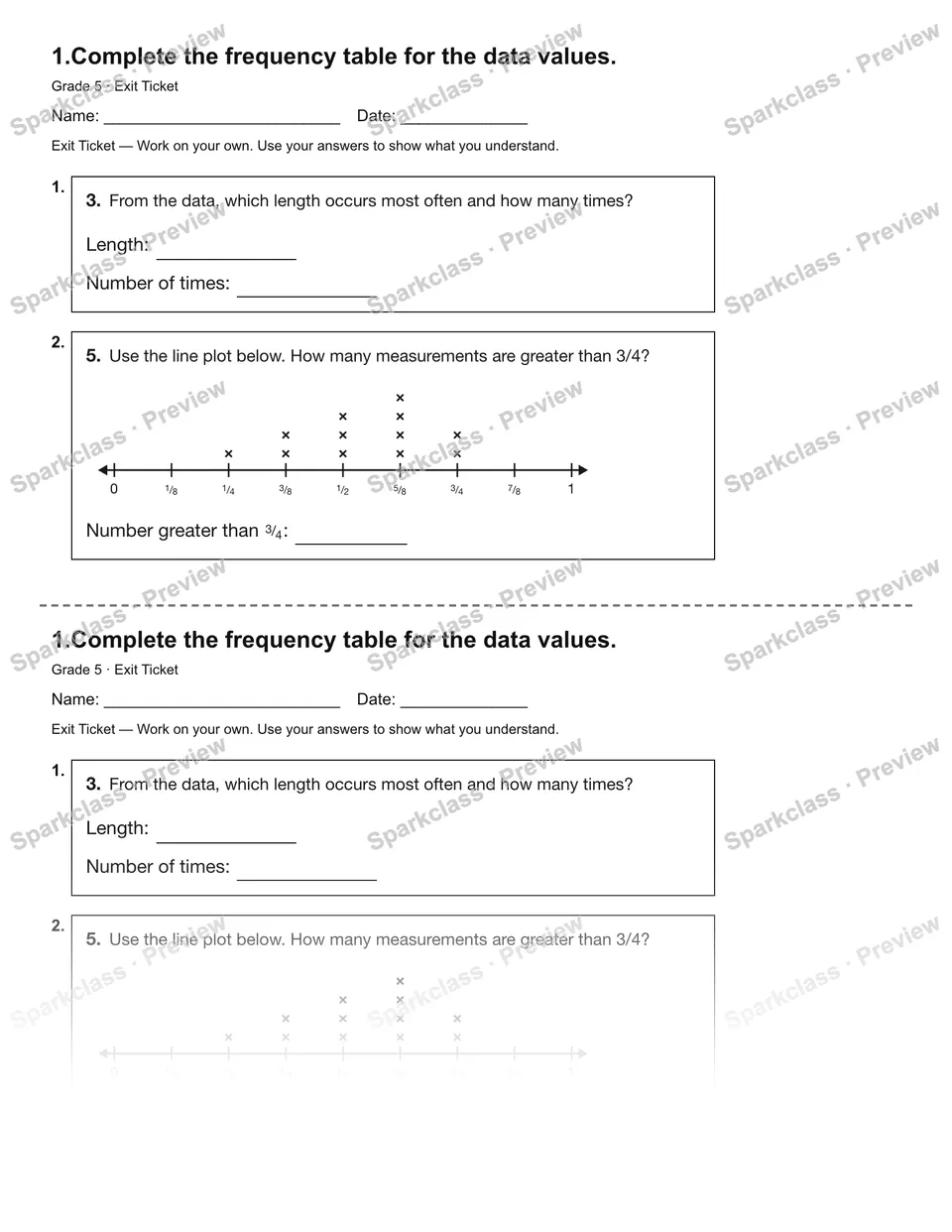 1.Complete the frequency table for the data values. — Exit Ticket — Grade 5 worksheet preview