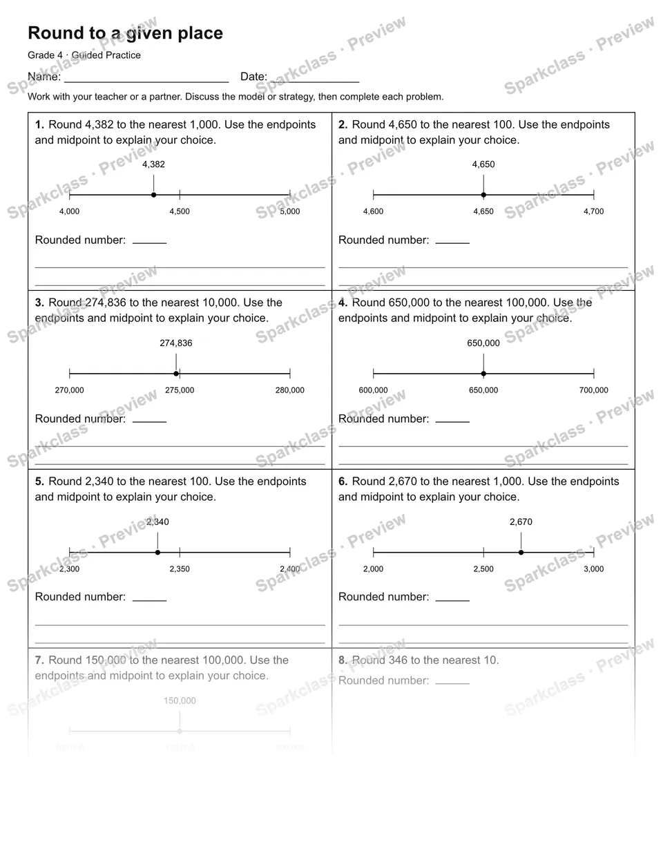 Round to a given place — Guided Practice — Grade 4 worksheet preview