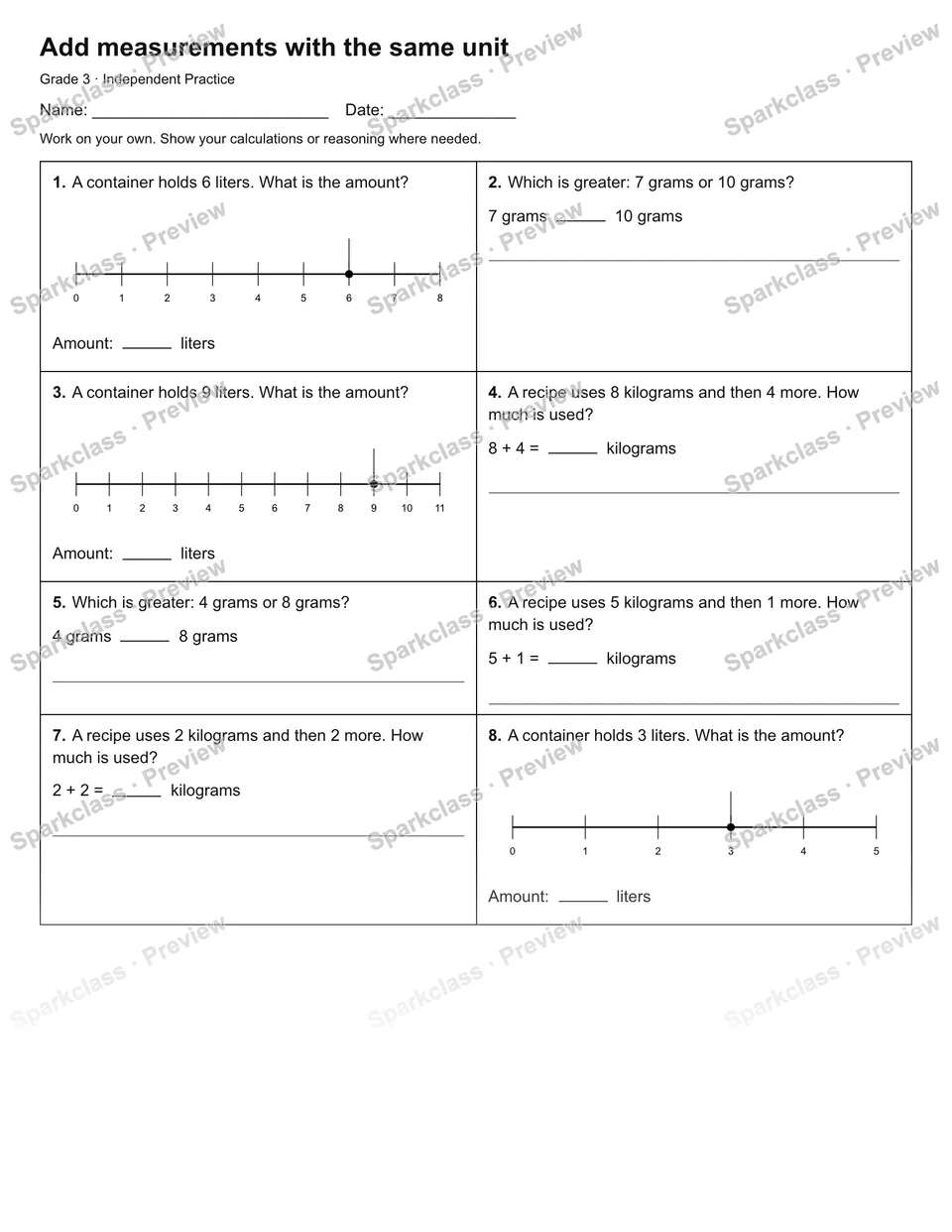 Add measurements with the same unit — Independent Practice — Grade 3 worksheet preview